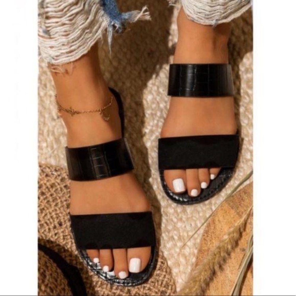 Double Strap Croc & Faux Suede Sandals in Black - Picture 3 of 5